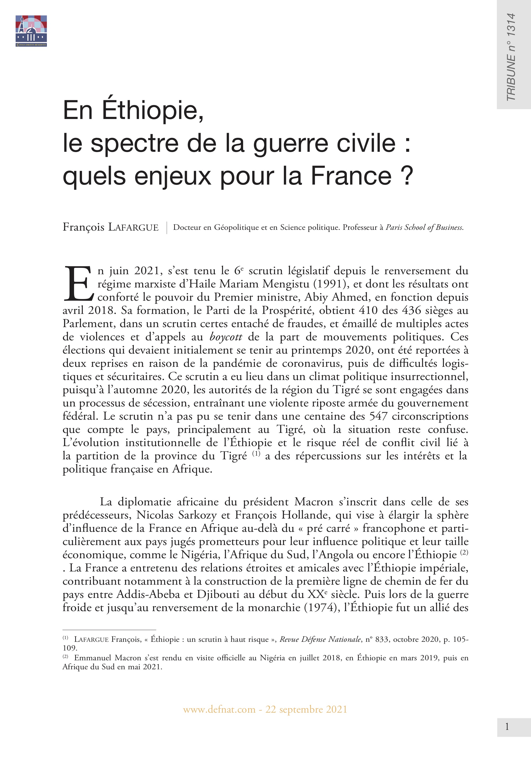 En Éthiopie, le spectre de la guerre civile : quels enjeux pour la France ? (T 1314)
